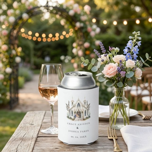 Elegant Church Watercolor Venue Manor Wedding Can Cooler (Creator Uploaded)