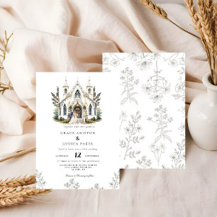 Elegant Church Watercolor Venue Manor Wedding Invitation