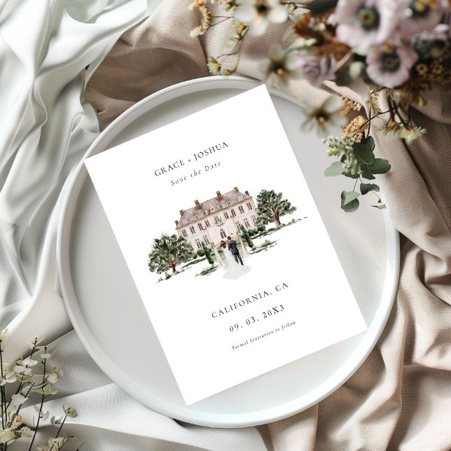 Elegant Church Watercolor Venue Manor Wedding Save The Date (Creator Uploaded)