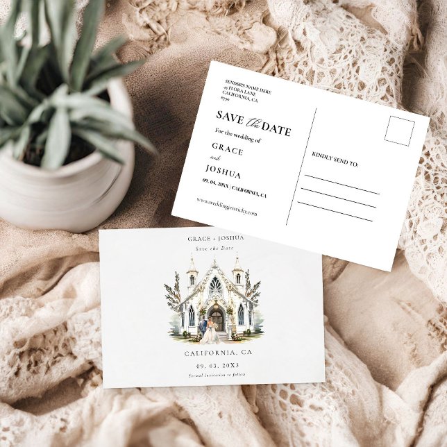 Elegant Church Watercolor Venue Manor Wedding Save The Date (Creator Uploaded)