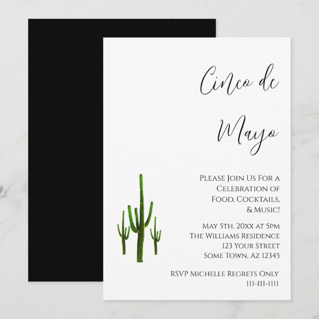 Elegant Cinco de Mayo Cactus Black White Invitation (Front/Back)