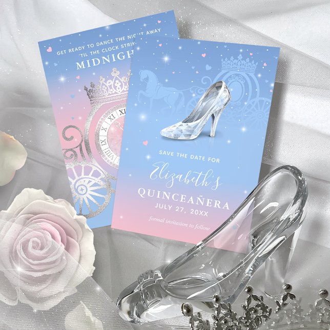 Elegant Cinderella Light Blue and Pink Quinceanera Save The Date (Light blue and pink quinceanera save the dates that will bring a touch of magic to your special day!)