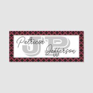 Elegant Cinnabar Red Black Lattice Unique Monogram Name Tag