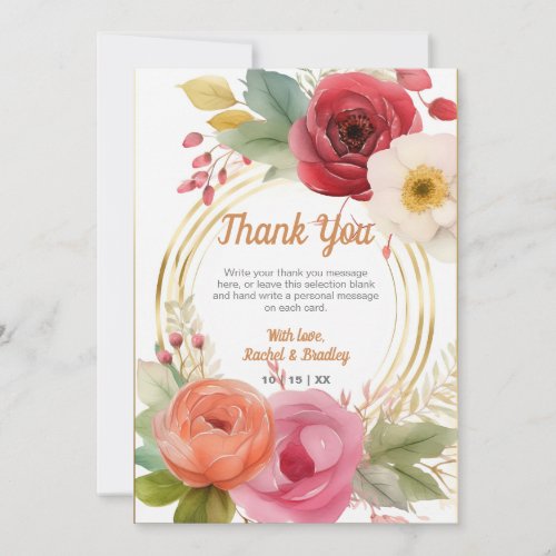 Elegant Circle Ranunculus Gold Frame Wedding  Thank You Card