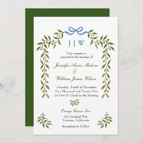 Elegant Citrus and greenery Monogrammed Wedding Invitation