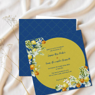 Elegant Citrus Blue Gold Floral Wedding Invitation