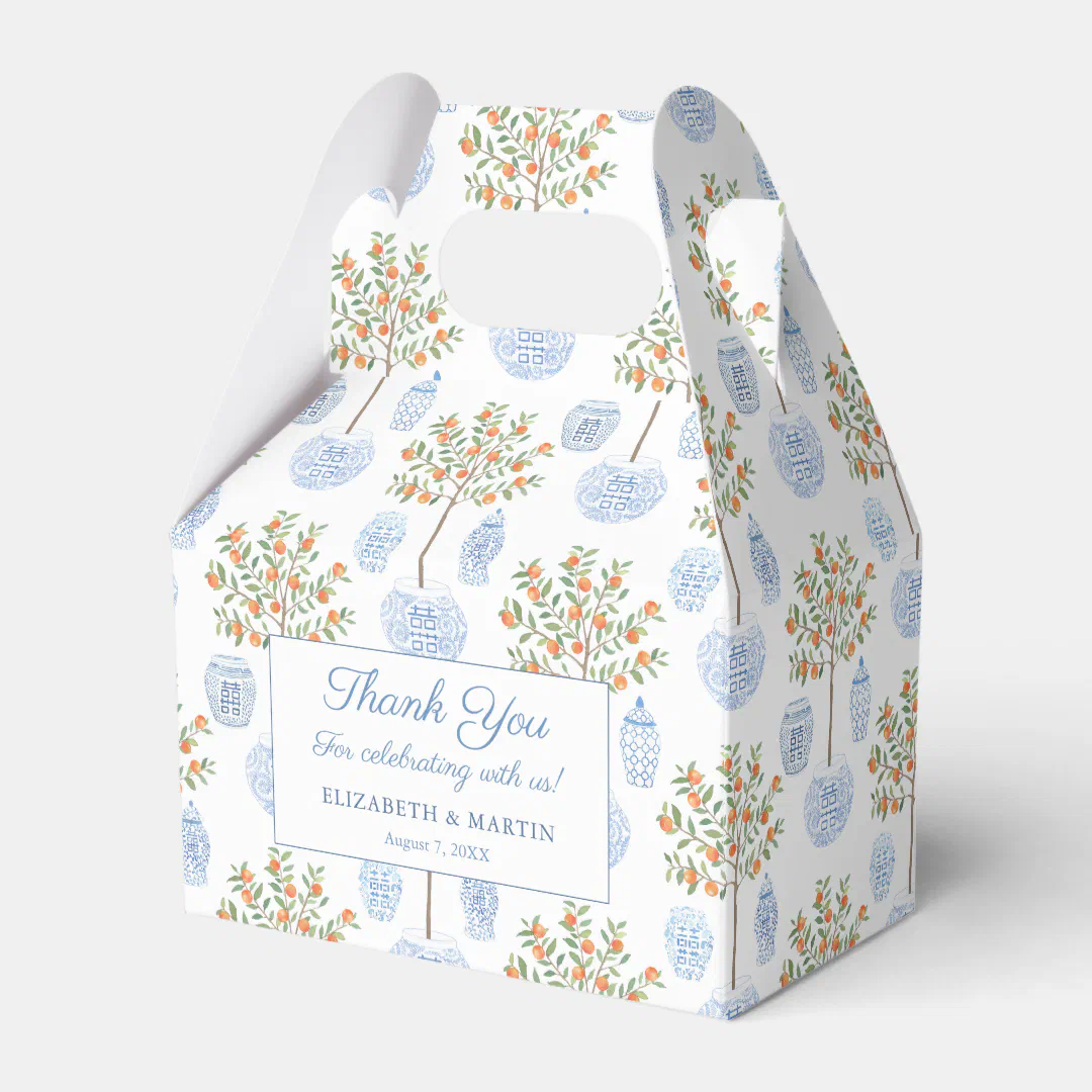 Elegant Citrus Blue White China Wedding Thank You Favor Box