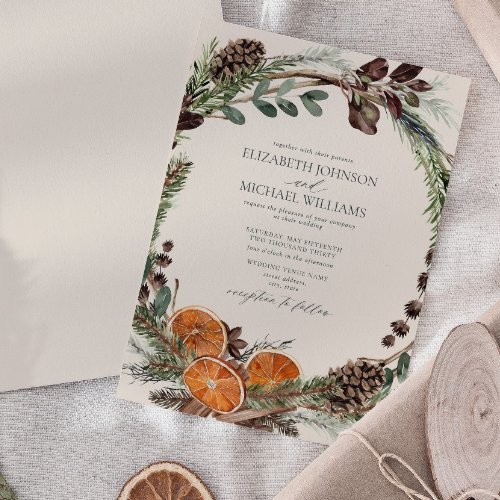 Elegant Citrus Boho Greenery Winter Wedding Invitation