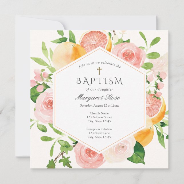 Elegant Citrus Floral Baptism Invitation (Front)