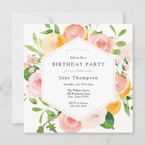 Elegant Citrus Floral Birthday Invitation