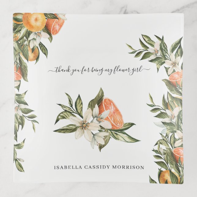 Elegant Citrus Florals | Monogram Flower Girl Trinket Tray (Front)