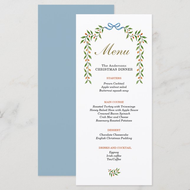 Elegant Citrus garland Christmas Dinner menu (Front/Back)
