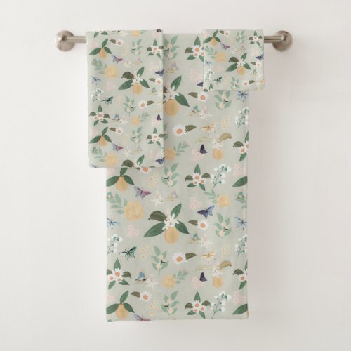 Elegant Citrus Lemon Flowers Butterflies Bath Towel Set