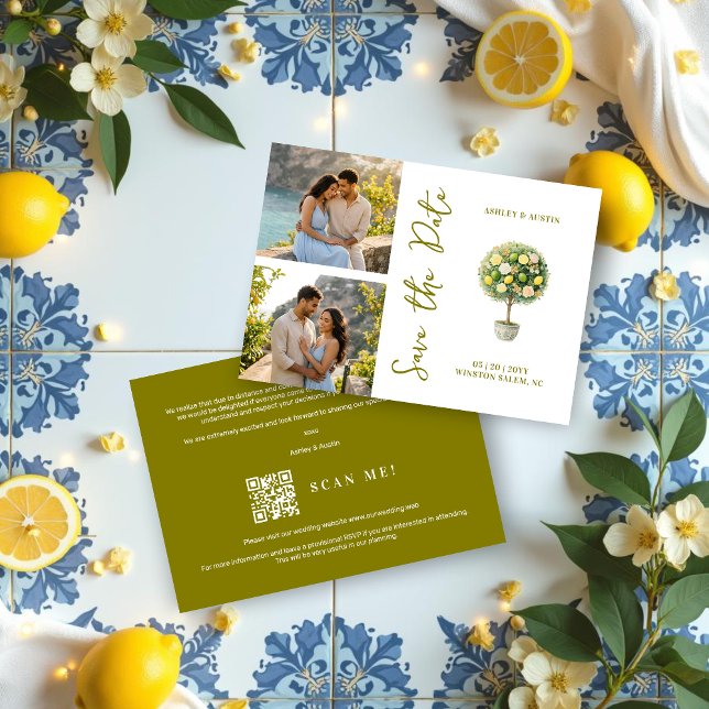 Elegant Citrus Mediterranean Topiary 2-Photo Save The Date (Elegant Citrus Mediterranean Topiary 2-Photo Wedding Save the Date Cards with Back Modern QR Code. )