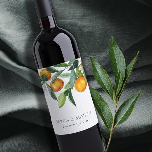 Elegant Citrus Orange Botanical Boho Wedding Wine Label