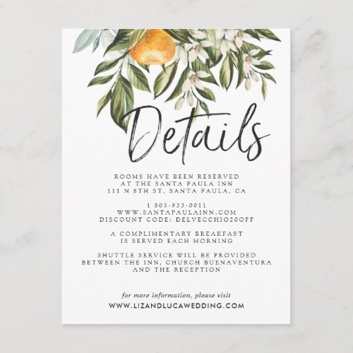 Elegant Citrus Orchard Boho Wedding Guest Details Enclosure Card