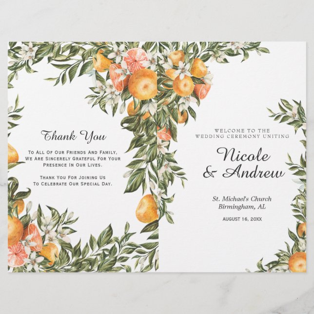 Elegant Citrus Orchard Folded Wedding Program (Front)
