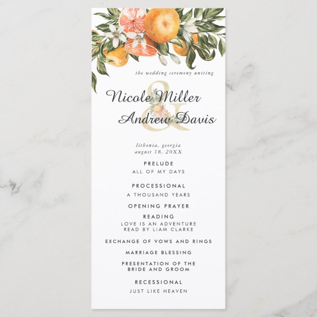 Elegant Citrus Orchard Wedding Ceremony Program (Front)