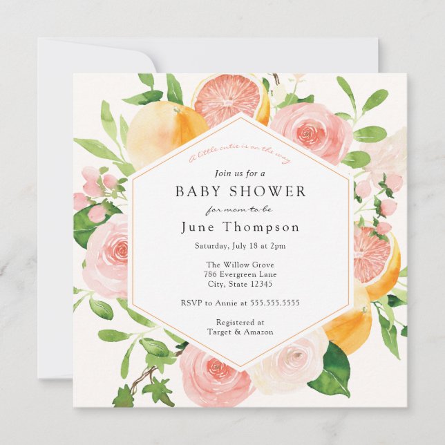 Elegant Citrus Pink Floral Bridal Shower Invitation (Front)