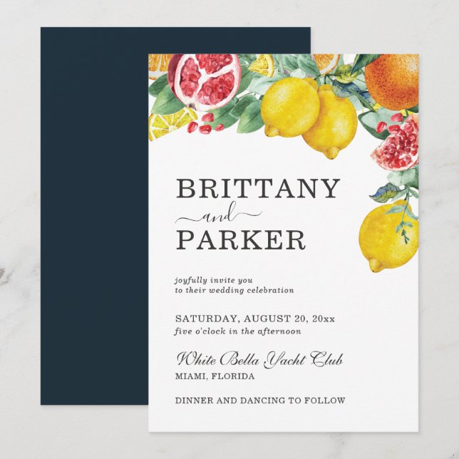 Elegant Citrus Watercolor Botanical Wedding Invitation (Front/Back)