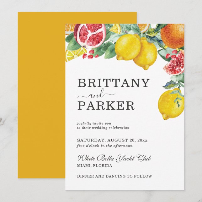 Elegant Citrus Watercolor Botanical Wedding Invitation (Front/Back)