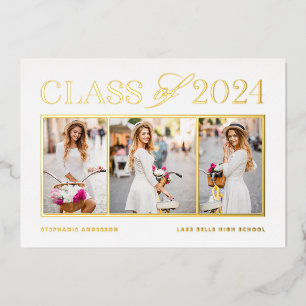 Elegant Class of 2024 Three Photo Graduation Foil Invitation