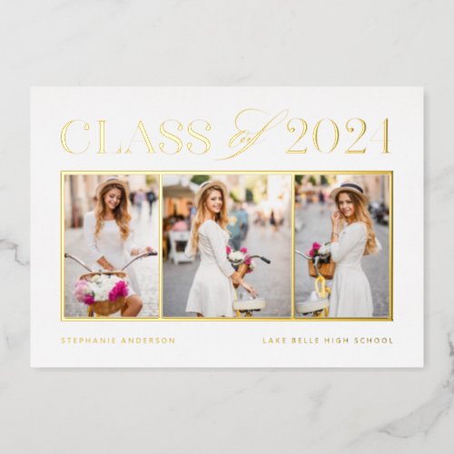 Elegant Class of 2024 Three Photo Graduation Foil Invitation