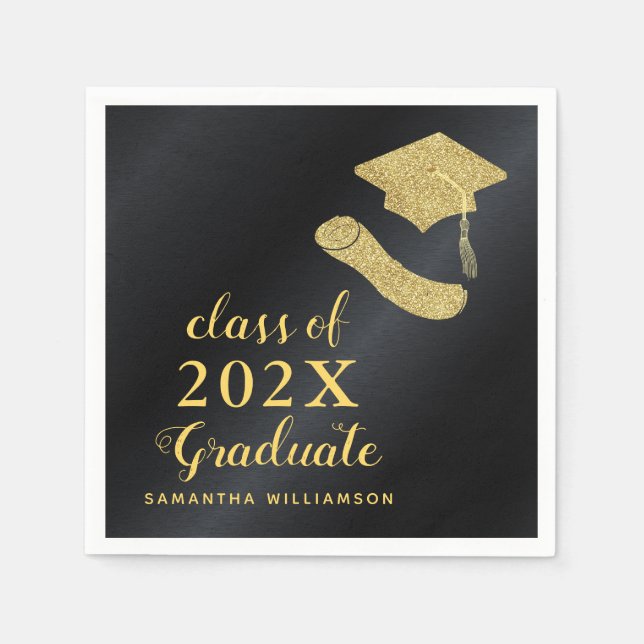 Elegant Class of 2025 Black and Gold Graduation Napkins (Front)