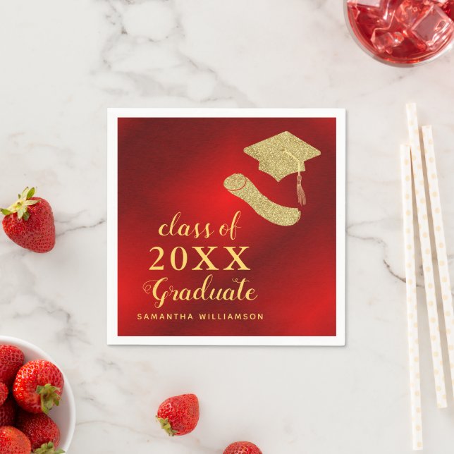 Elegant Class of 2025 Red and Gold Graduation Napkins (Insitu)