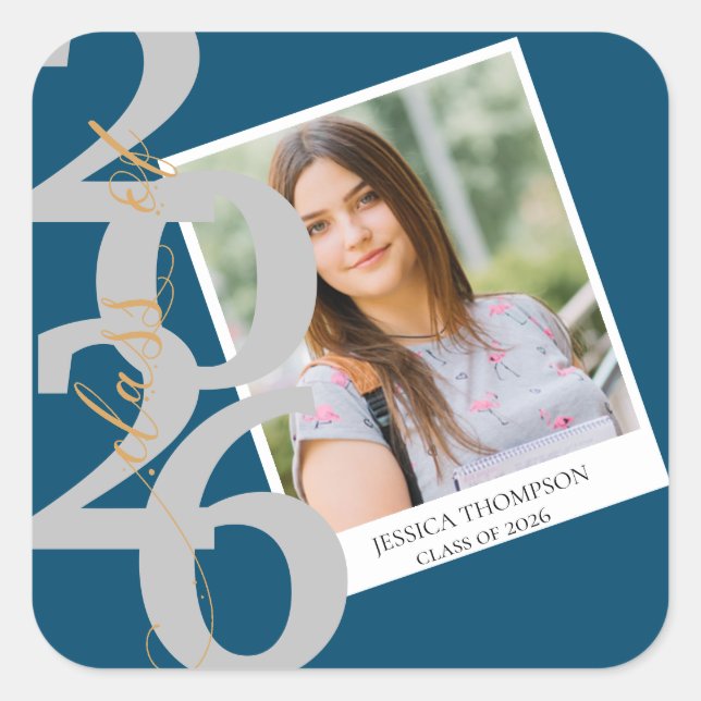 Elegant Class of 2026 Photo Graduation Square Sticker (Front)