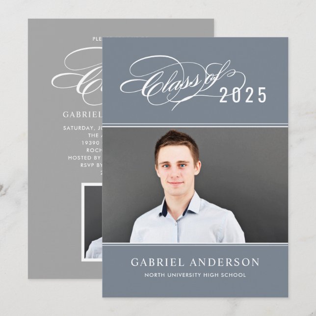 Elegant Class of 2026 Slate Photo Graduation Party Invitation (Front/Back)