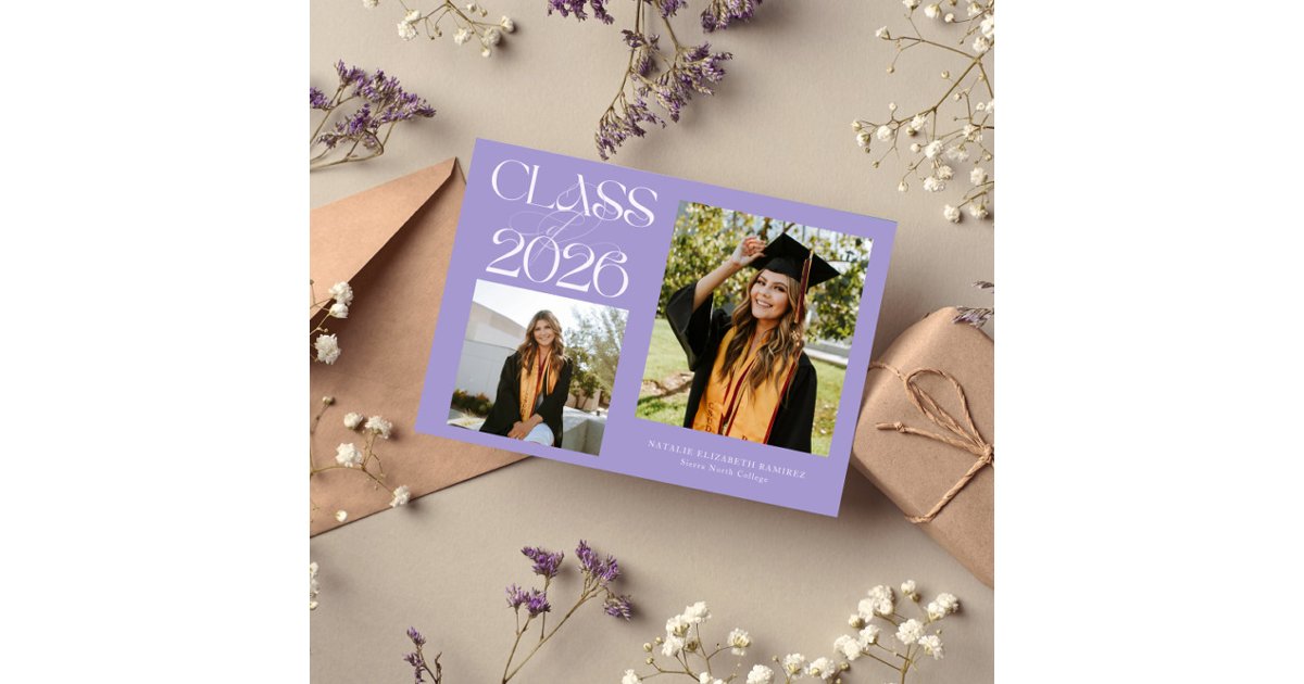 Elegant Class of 2026 Typography Grad Photo Lilac Announcement | Zazzle
