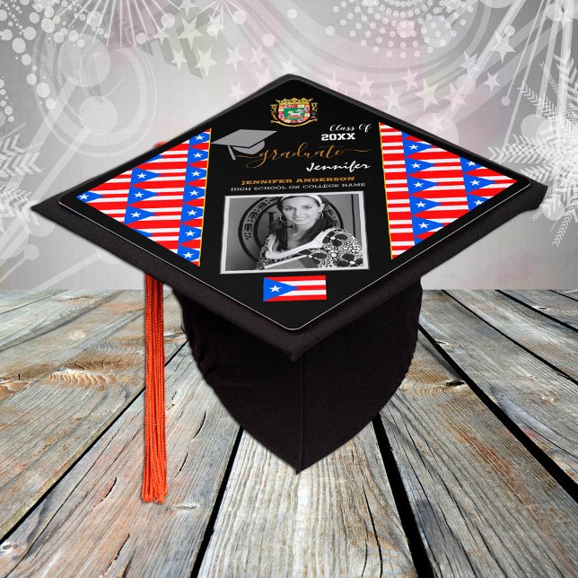 Elegant Class of 20XX, Photo & Puerto Rican Flag Graduation Cap Topper (Creator Uploaded)