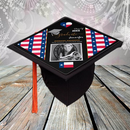 Elegant Class of 20XX Photo  Texas Flag Graduation Cap Topper