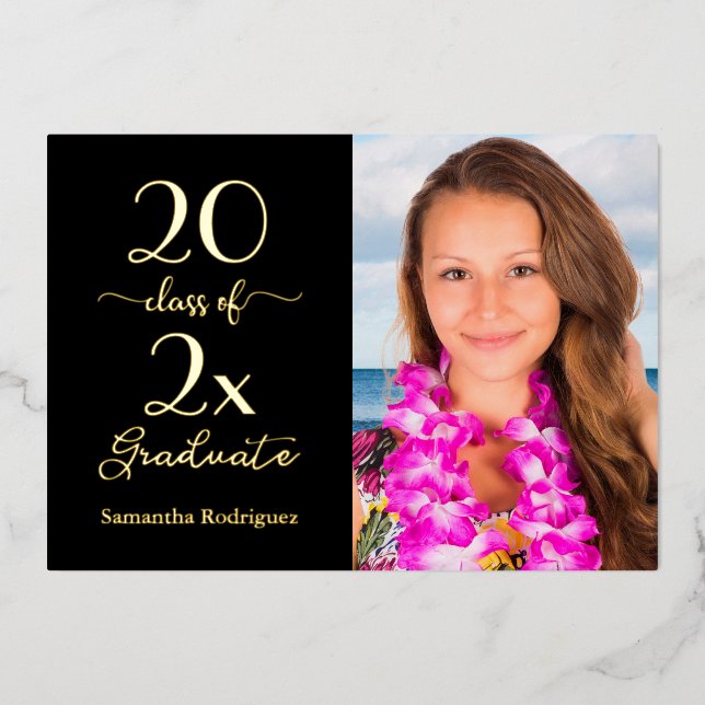 Elegant Class of Photo Black Gold Graduation Party Foil Invitation (Front)