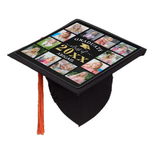Elegant Class Year 12 Photo Collage Black Gold Graduation Cap Topper