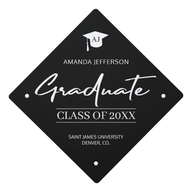 Elegant class year and school black monogrammed graduation cap topper (Front)