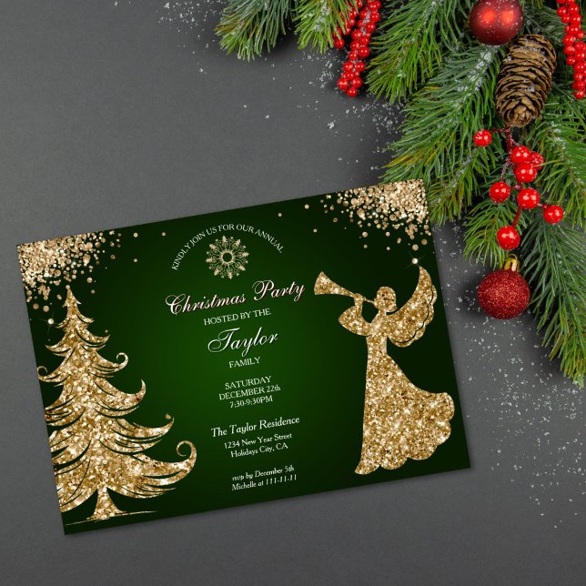 Elegant Classic Angel Christmas Dinner Party Invitation (gold glitter trumpet angel Christmas party invitation with green background)