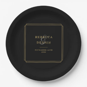 Elegant Classic Art Deco Black And Gold Wedding Paper Plates