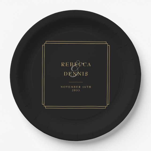 Elegant Classic Art Deco Black And Gold Wedding Paper Plates (Front)