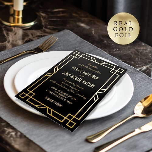 Elegant Classic Art Deco Simple Frame Black Gold Foil Invitation