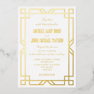Elegant Classic Art Deco Simple FrameWhite Gold Foil Invitation
