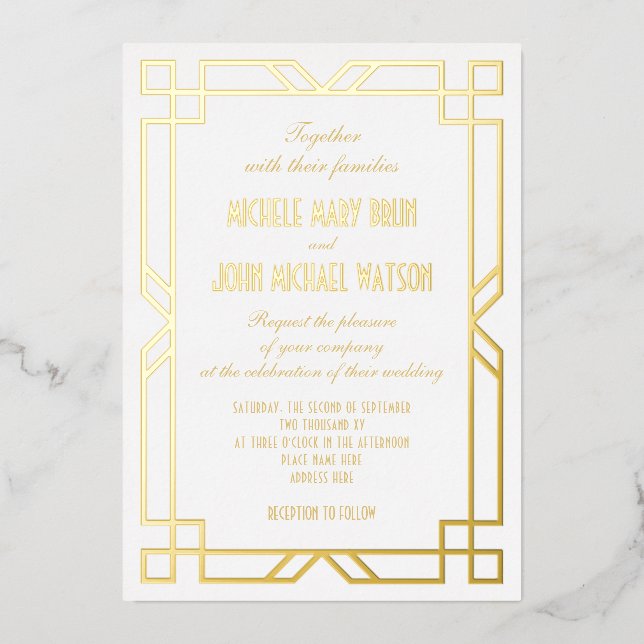 Elegant Classic Art Deco Simple FrameWhite Gold Foil Invitation (Front)