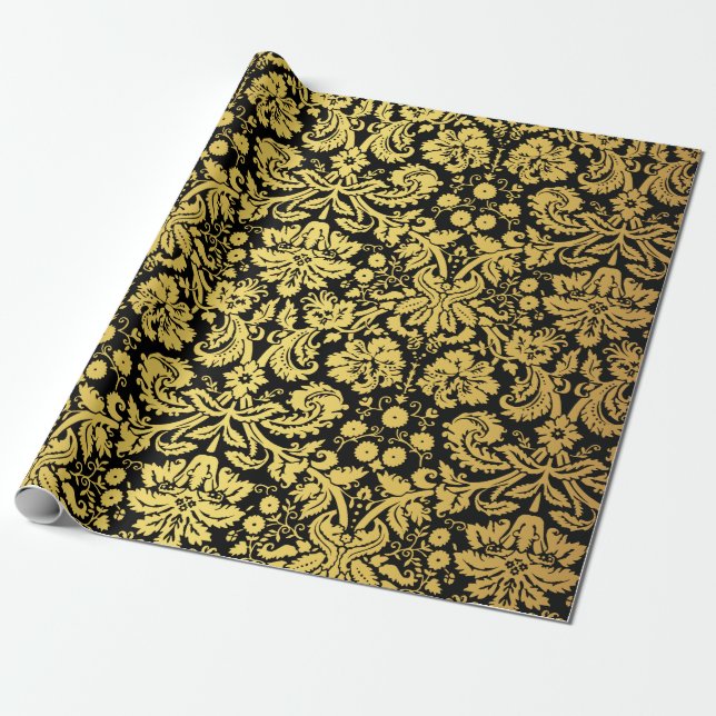 Elegant Classic Black and Gold Royal Damask Wrapping Paper (Unrolled)