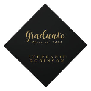Elegant classic black and gold script graduation cap topper