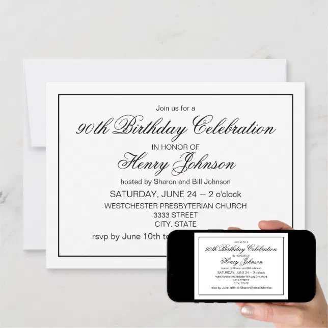 Elegant Classic Black and White 90th Birthday Invitation Zazzle