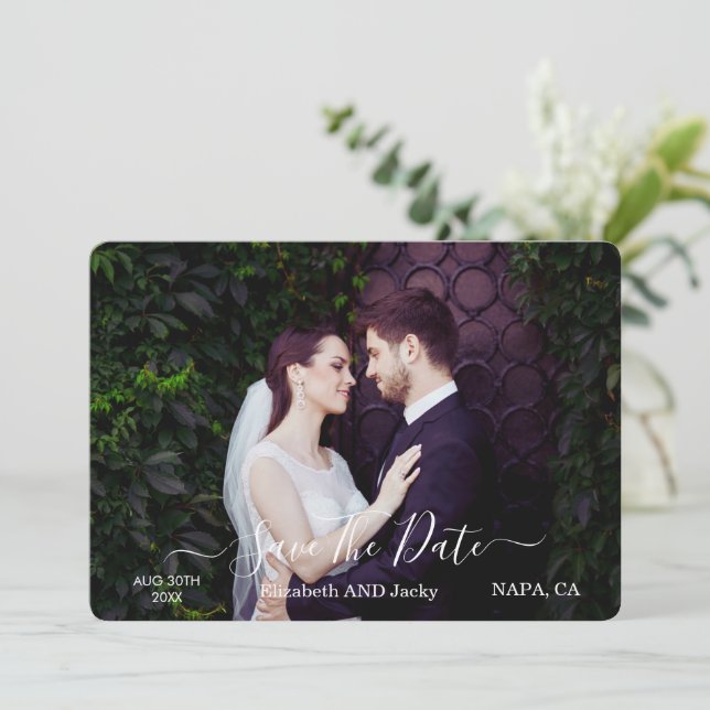 Elegant Classic Black and White Caligraphy Wedding Save The Date (Standing Front)