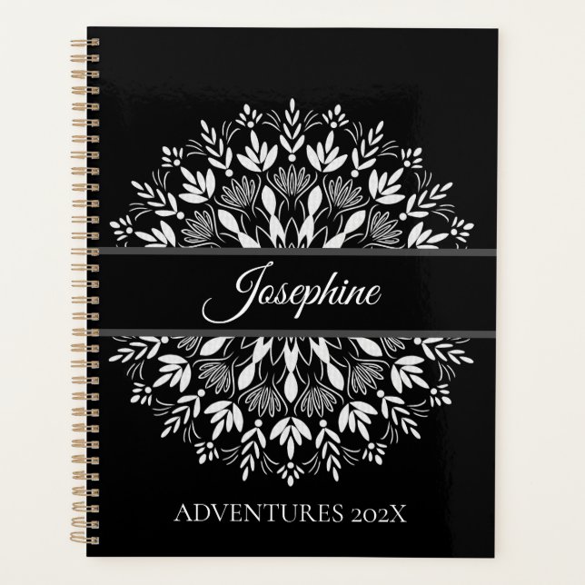 Elegant classic Black  and White Floral mandala Planner (Front)