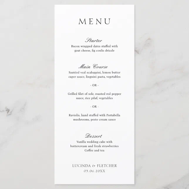 Elegant Classic Black and White Formal Wedding Menu | Zazzle