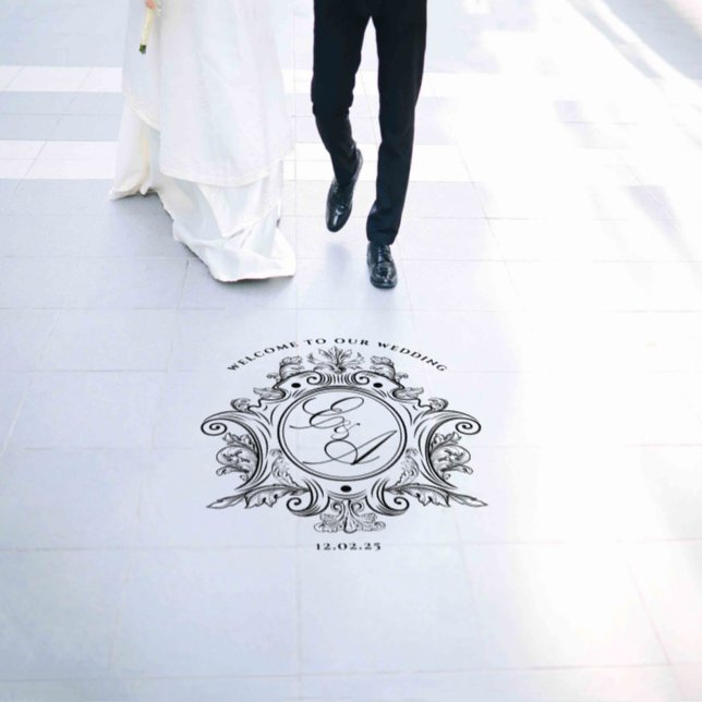 Elegant Classic Black and White  Monogram Crest Floor Decals (Wedding)